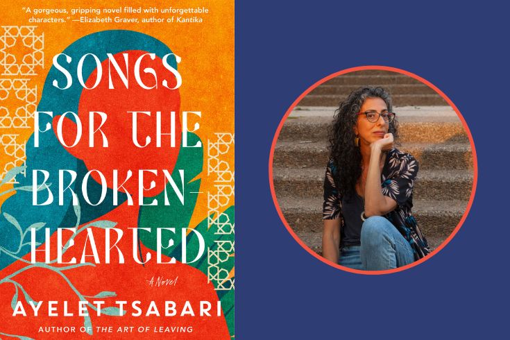 On the left, book cover, Songs for the Brokenhearted, showing the faceless color image of a woman with long hair, surrounded by Yemeni mosaics